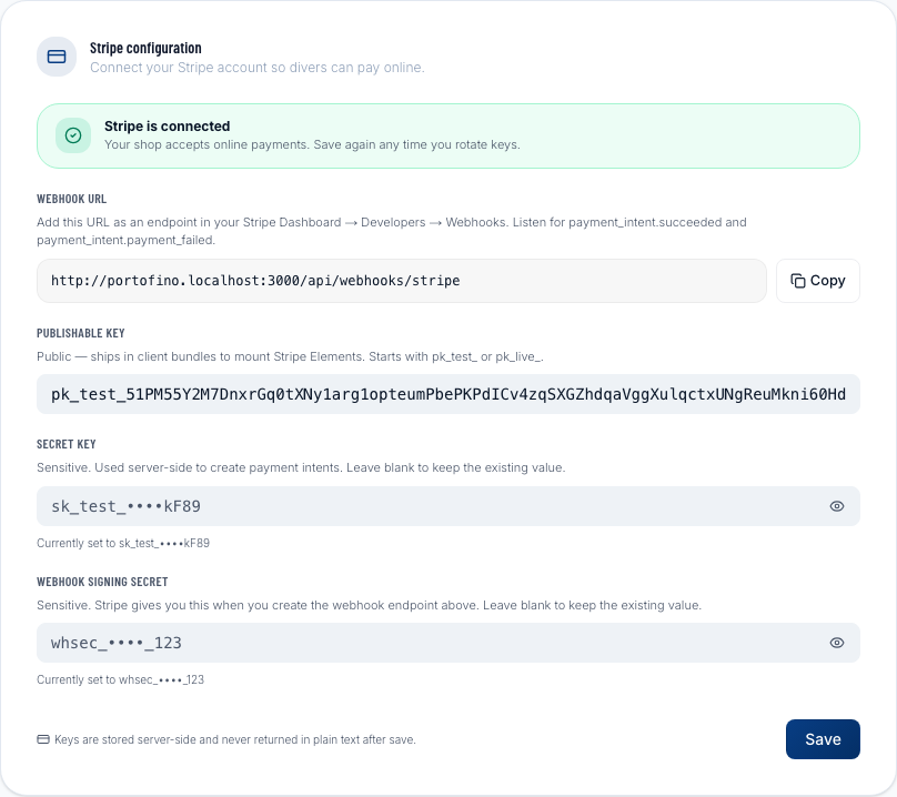 Sezione Stripe nelle impostazioni