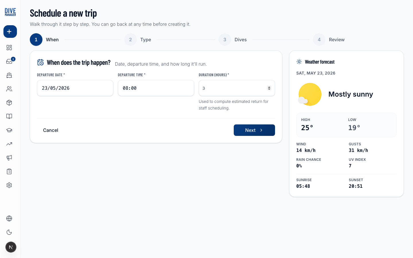Trip scheduling form fields