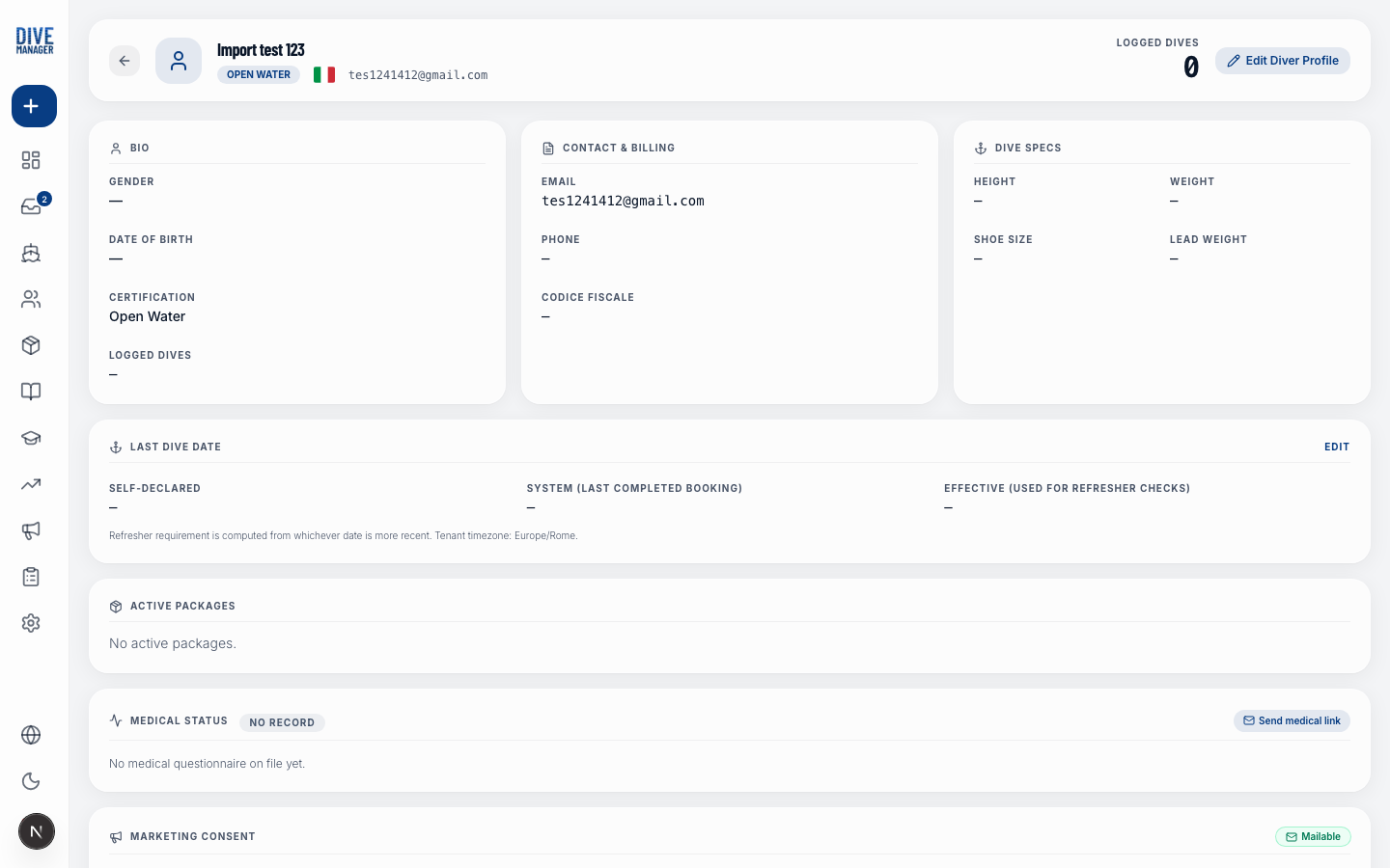 Storico prenotazioni subacqueo